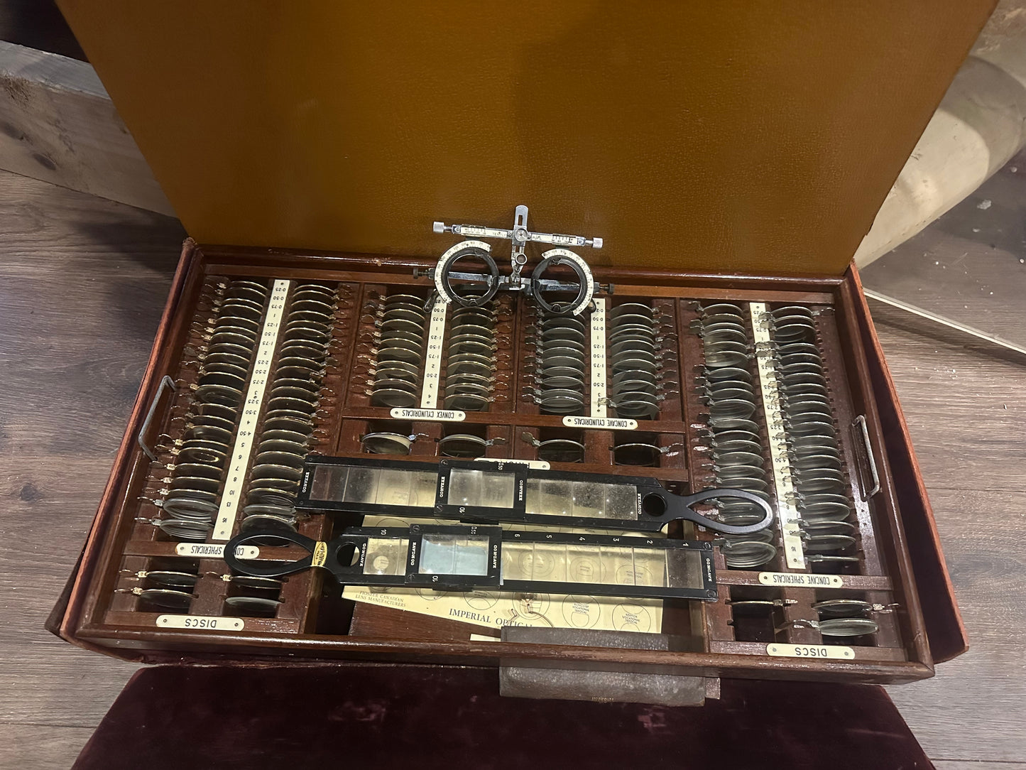 Antique optometrist case with lenses