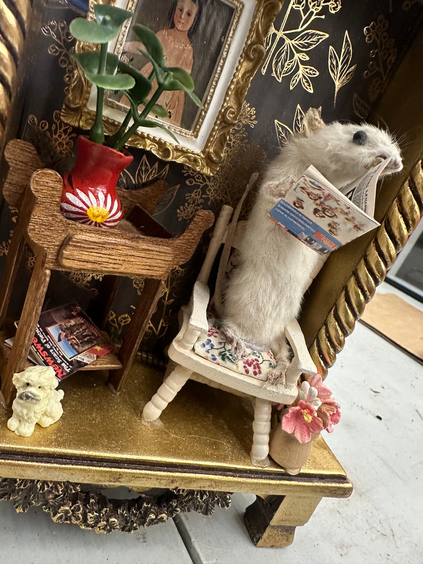 Taxidermy mouse reading book