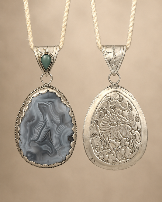 Old agate & Silver pendant 3x3 inches