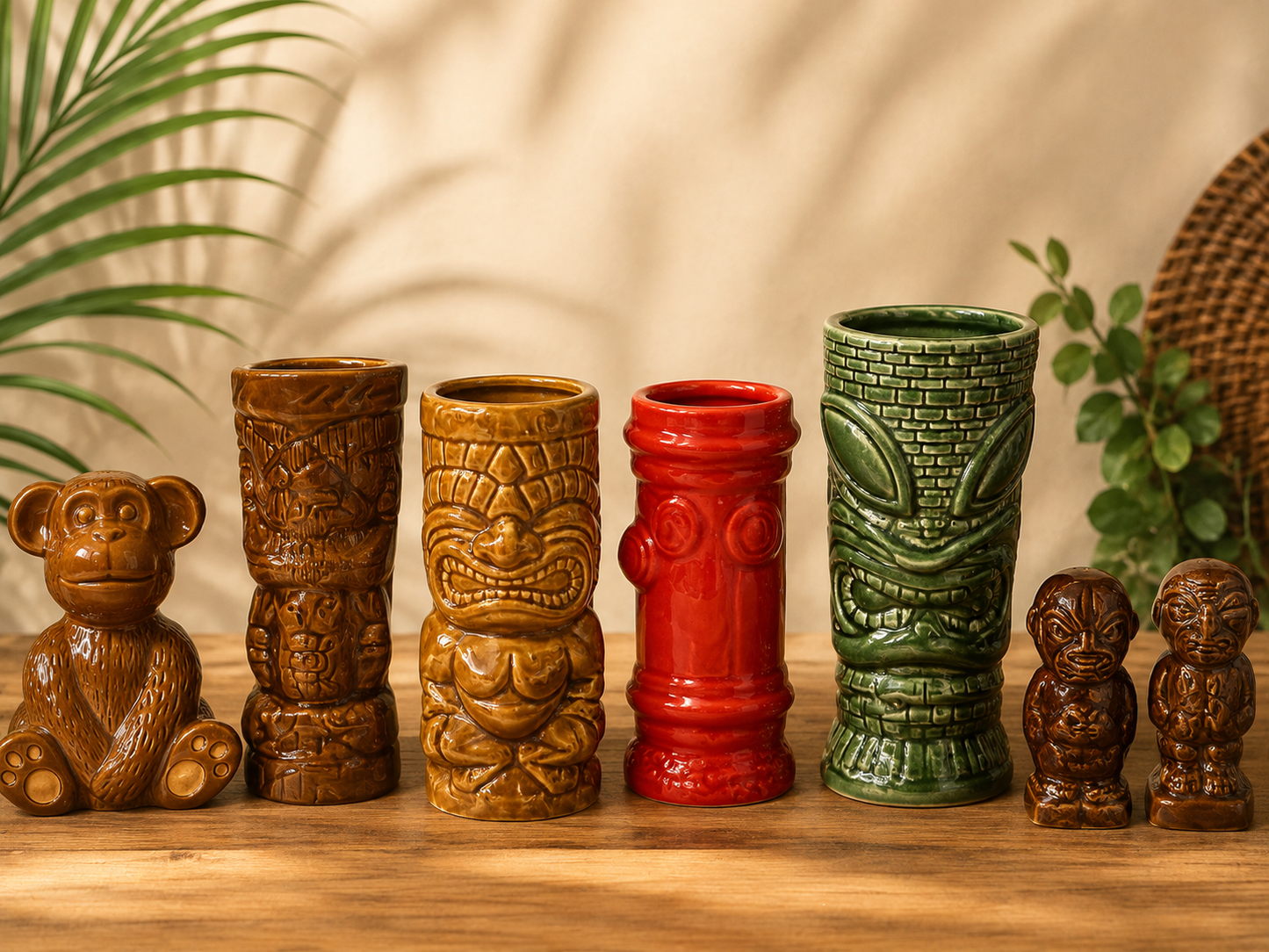Collection of 4 tiki glass + salt&pepper