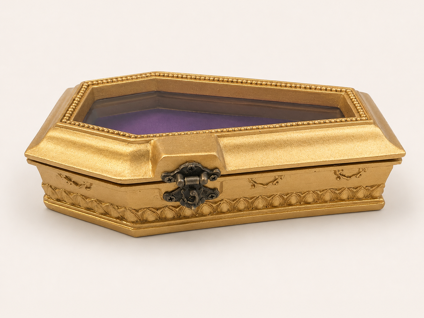 Gold & purple coffin Glass box