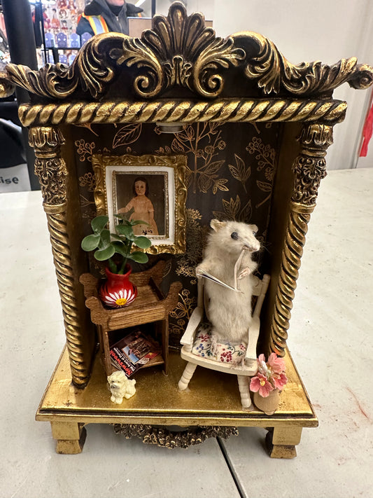 Taxidermy mouse reading book