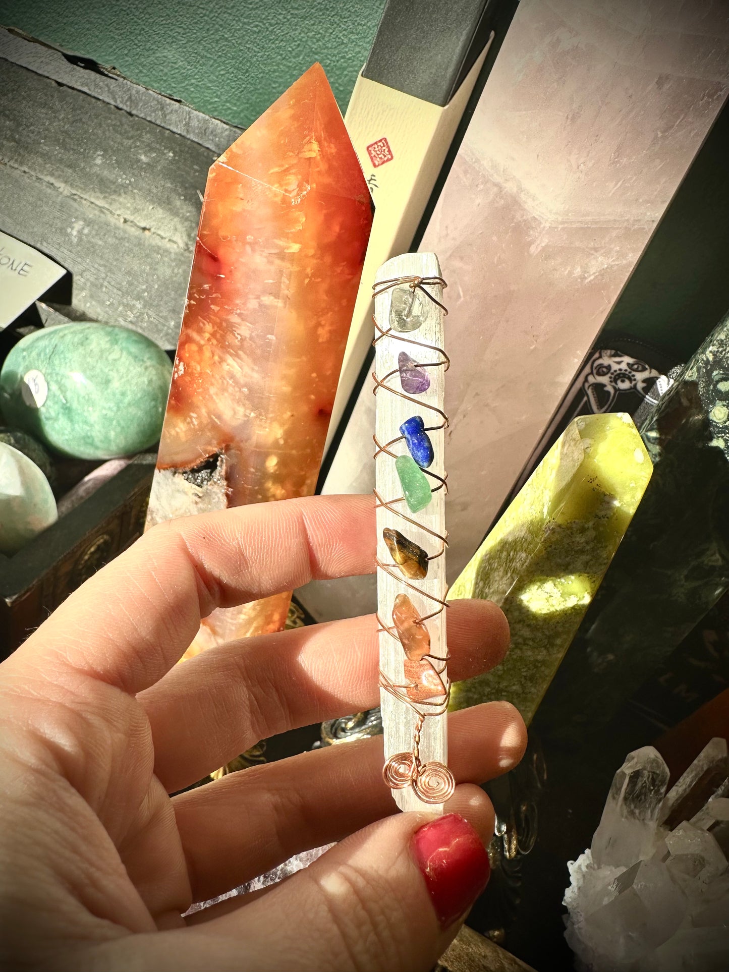 Selenite stick organite with chakra crystal