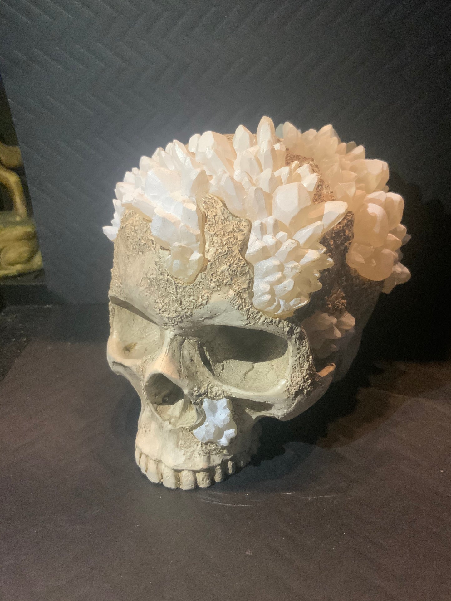 Life size human skull replica with crystal