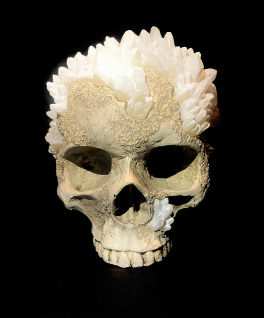 Life size human skull replica with crystal